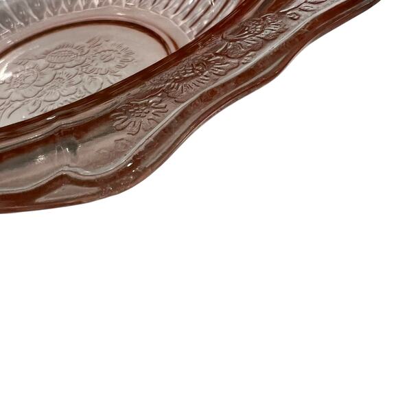 Vintage Pink Depression Glass Handled Bowl Floral Etched Centerpiece - Picture 6 of 16